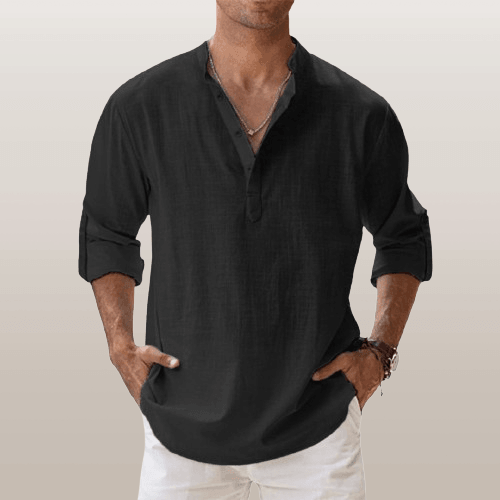 Men's Linen Blend Henley Shirt Long Sleeve Casual Regular Fit