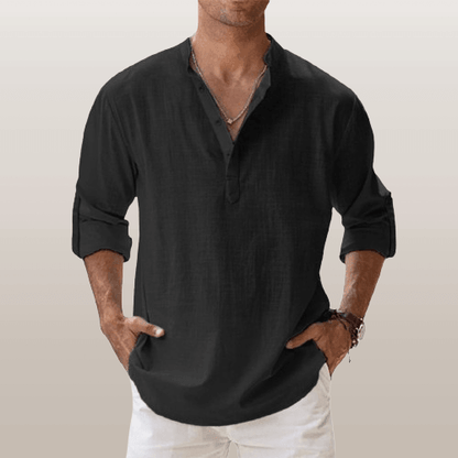 Men's Linen Blend Henley Shirt Long Sleeve Casual Regular Fit
