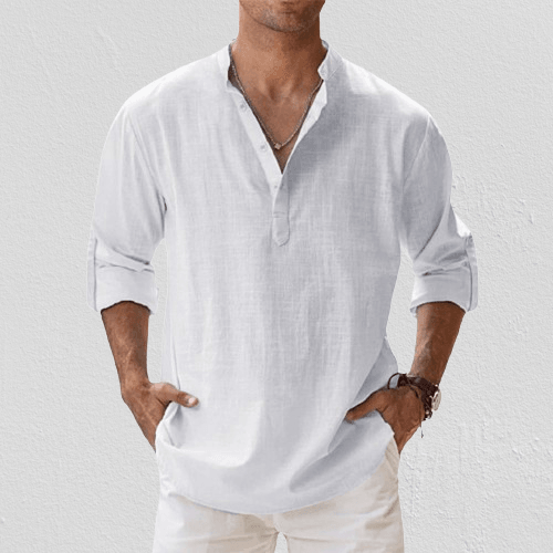 Men's Linen Blend Henley Shirt Long Sleeve Casual Regular Fit