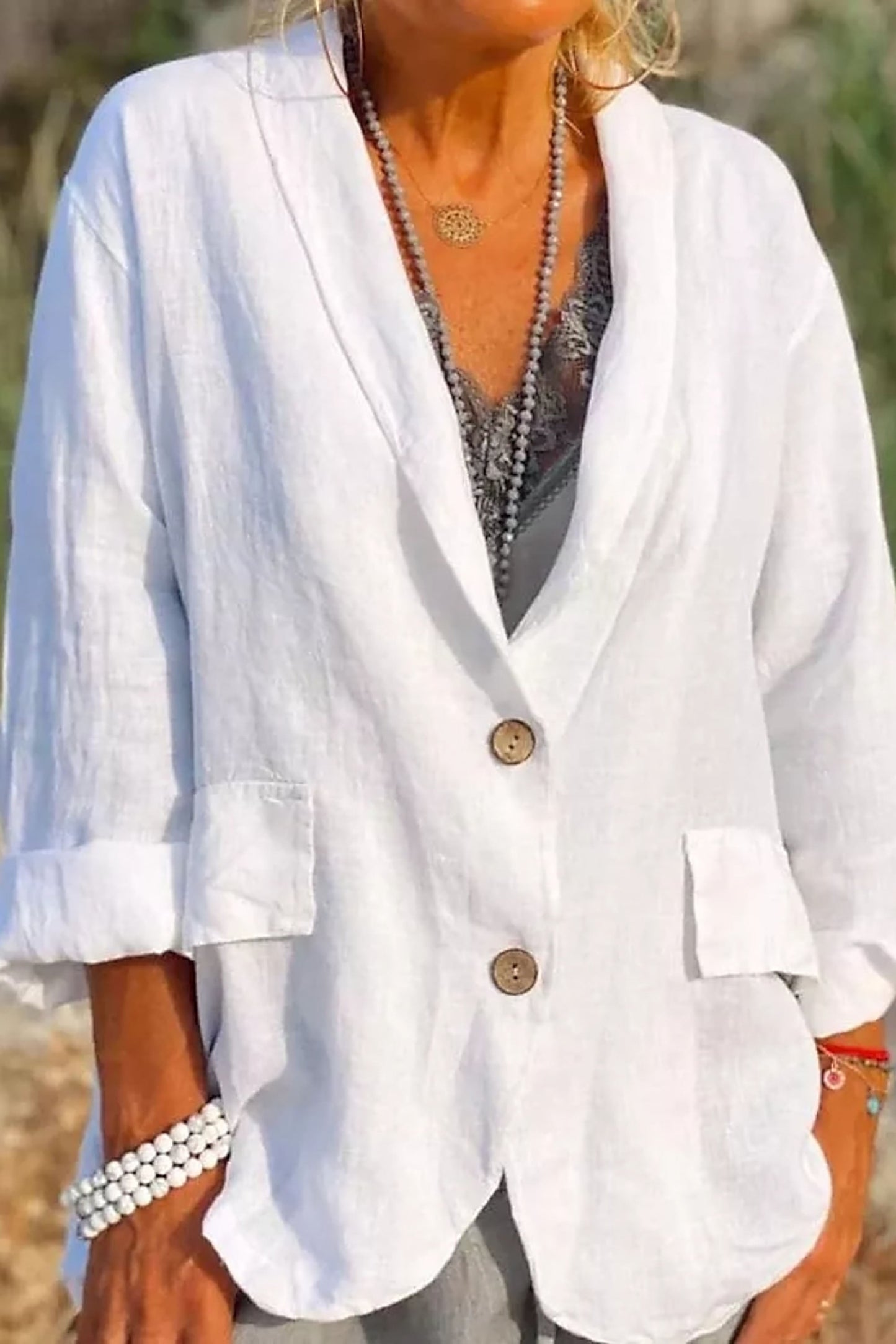 Women's Linen Jacket Lightweight V-Neck Beige - Vonnera