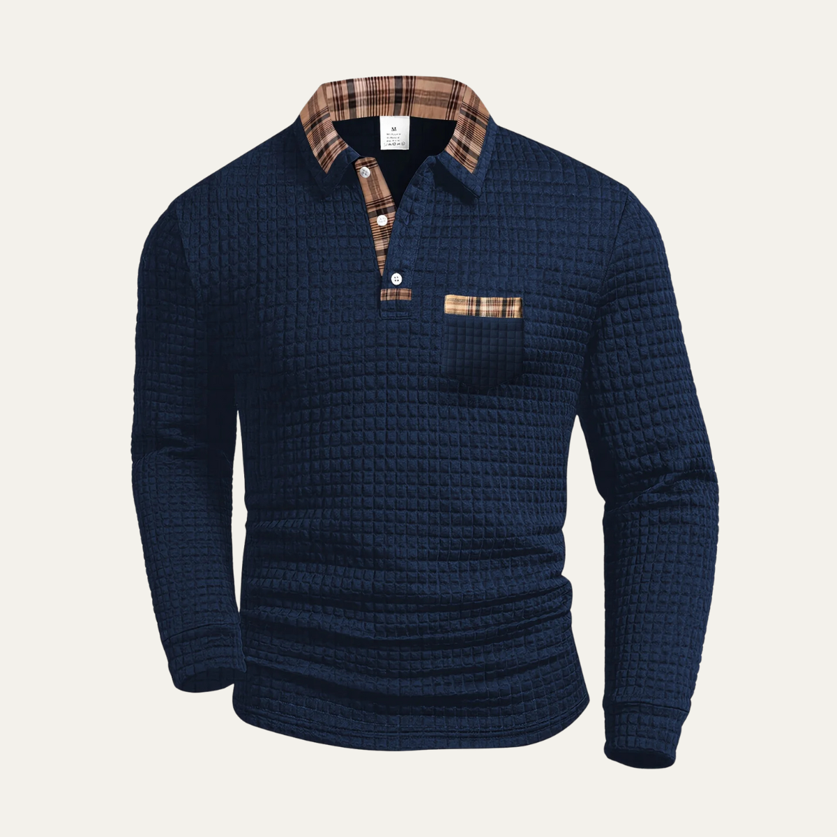 Men's Waffle Knit Polo Sweater Textured Plaid Trim