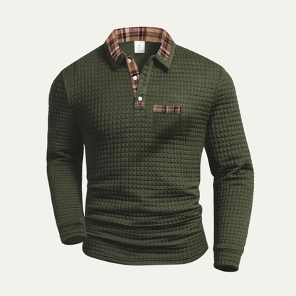 Men's Waffle Knit Polo Sweater Textured Plaid Trim