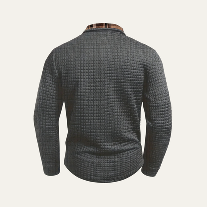 Men's Waffle Knit Polo Sweater Textured Plaid Trim