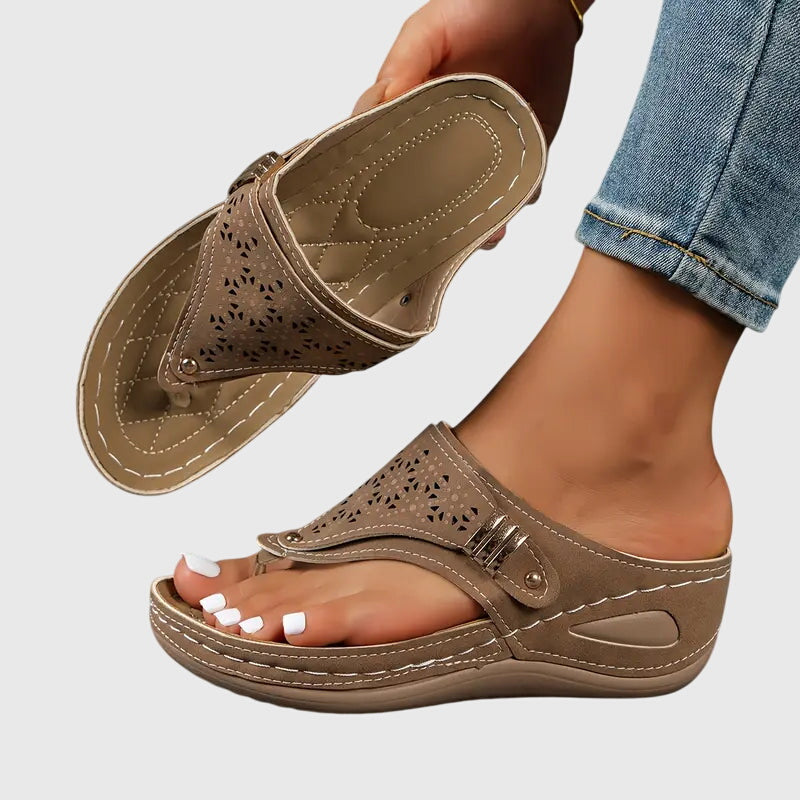 Women's Wedge Sandals Laser Cut Toe Loop Brown