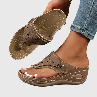 Women's Wedge Sandals Laser Cut Toe Loop Brown