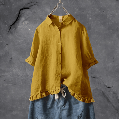 Women's Button Down Blouse Ruffle Hem - Vonnera