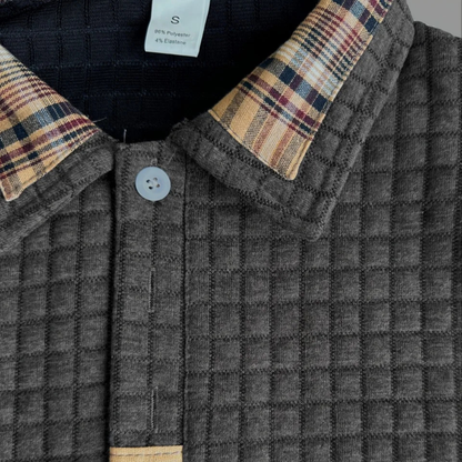Men's Waffle Knit Polo Sweater Textured Plaid Trim
