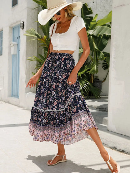 Women's Floral Maxi Skirt Elastic Waist - Vonnera