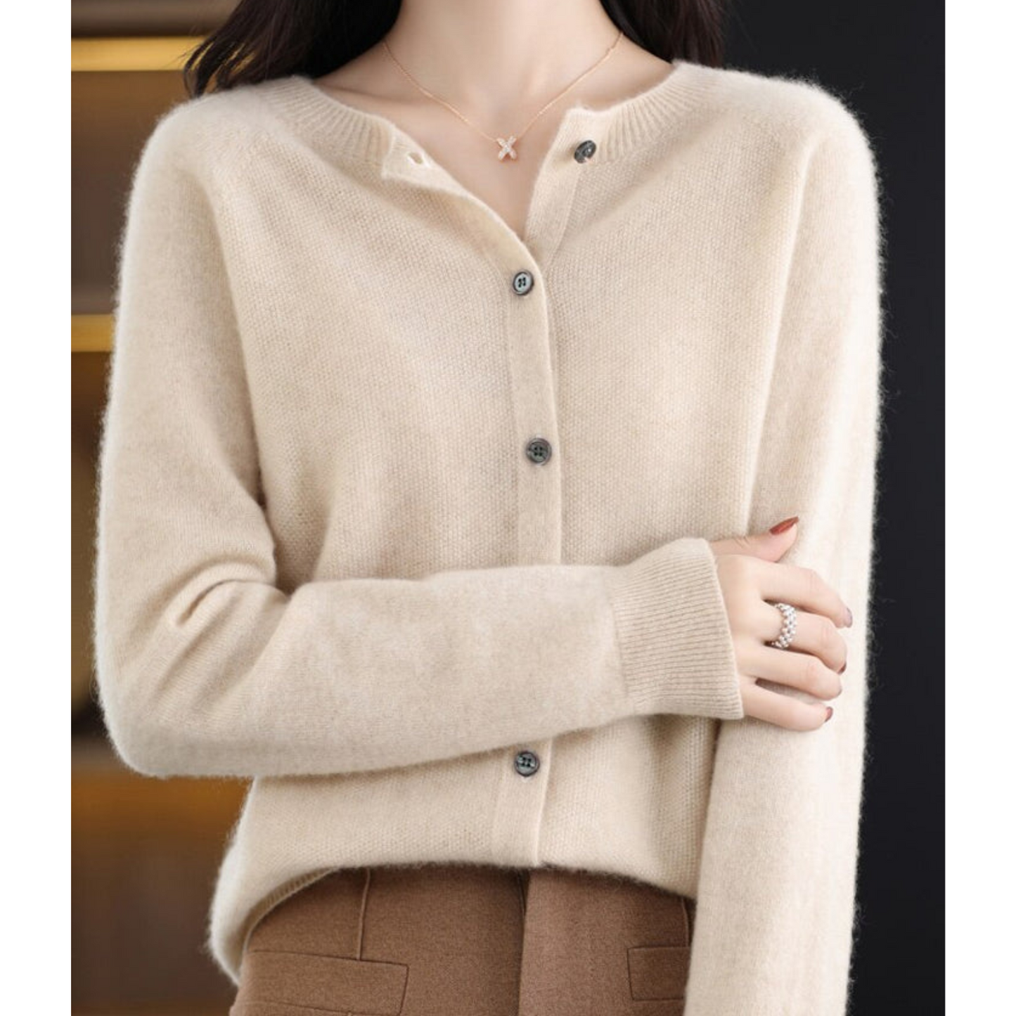 Women's Soft Knit Cardigan Round Neck Button Closure
