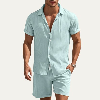 Men's Summer Co Ord Set Button Up Shirt Drawstring Shorts