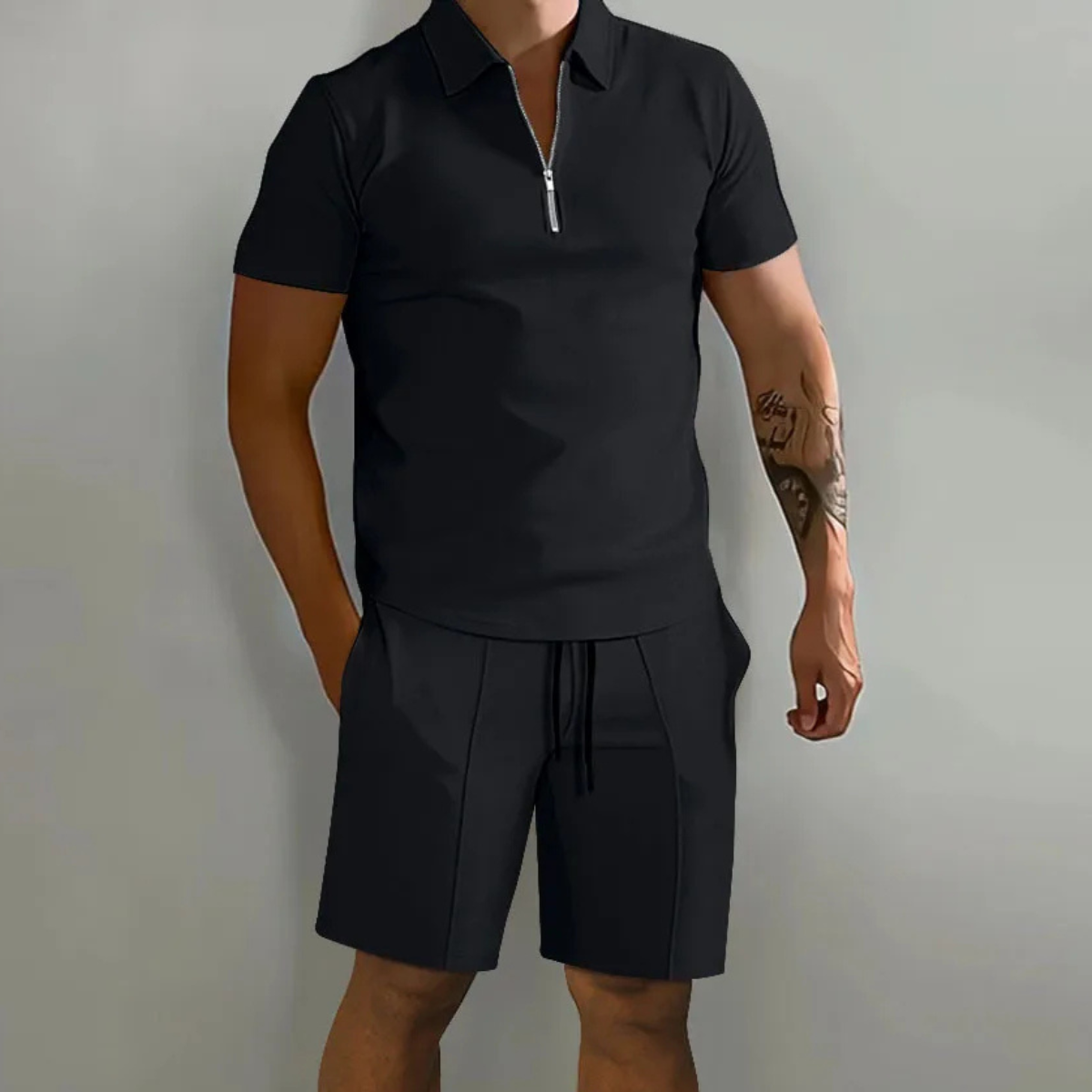 Men's Polo Shirt Shorts Set Black