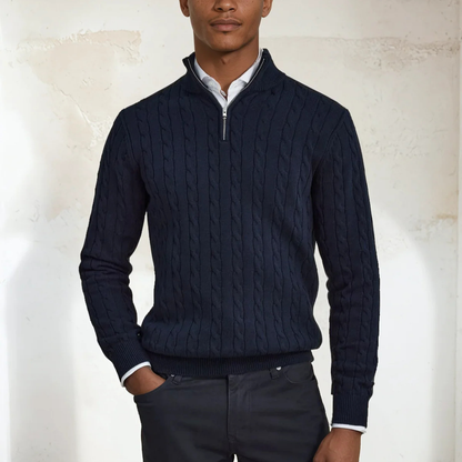 Men's Cable Knit Sweater Navy Blue Half Zip