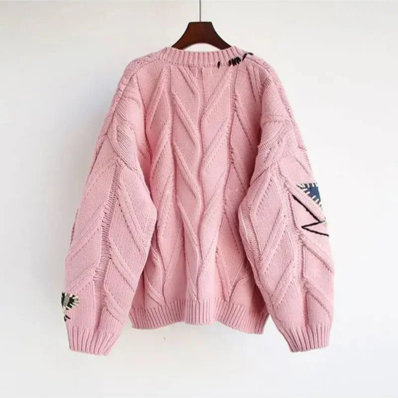 Women's Knitted Cardigan V-Neck Patchwork Embroidery - Vonnera