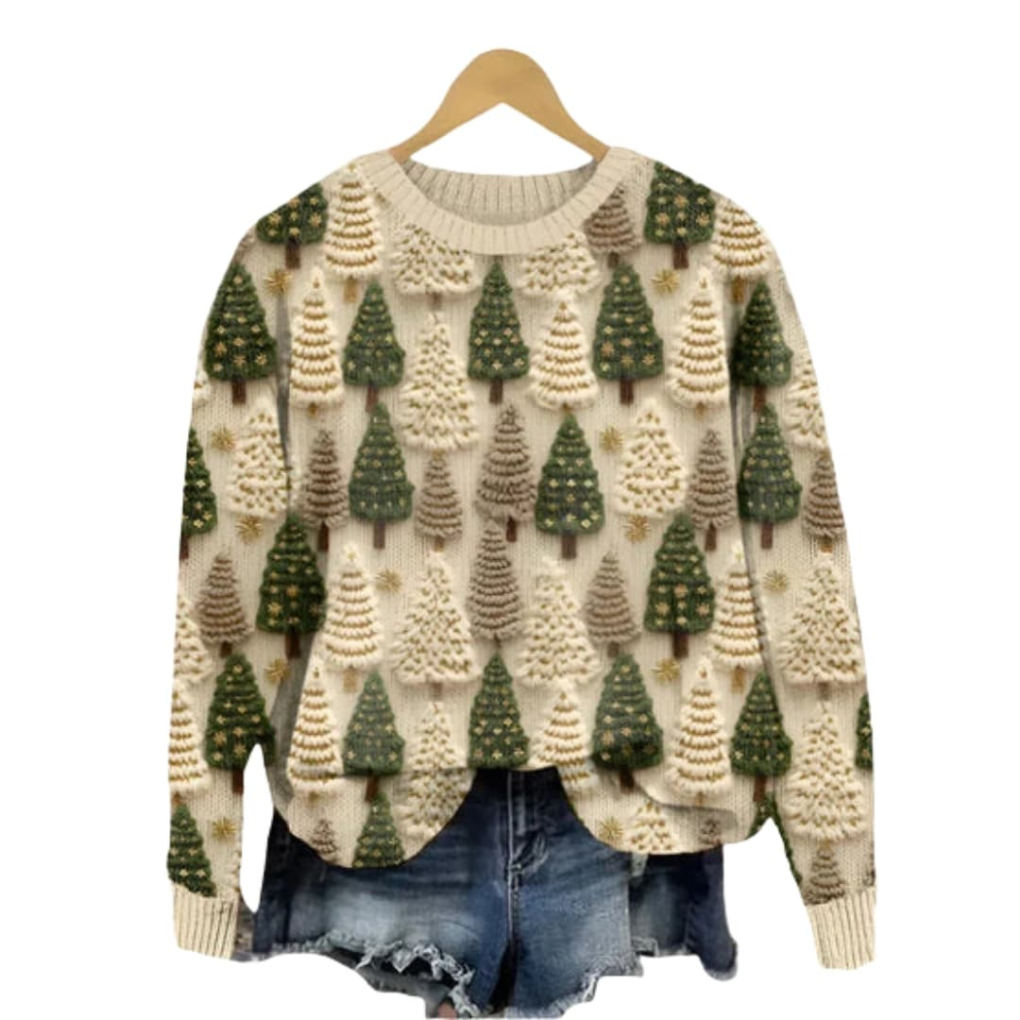 Women's Tree Pattern Knit Sweater Round Neck - Vonnera