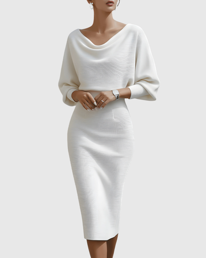 Vivienne Women's Ribbed Midi Dress Cowl Neck Batwing Sleeves