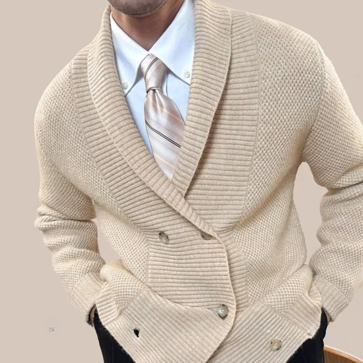 Men's Double Breasted Cardigan Chunky Knit Shawl Collar Wool