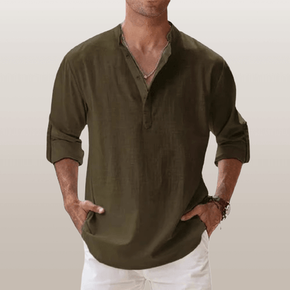 Men's Linen Blend Henley Shirt Long Sleeve Casual Regular Fit