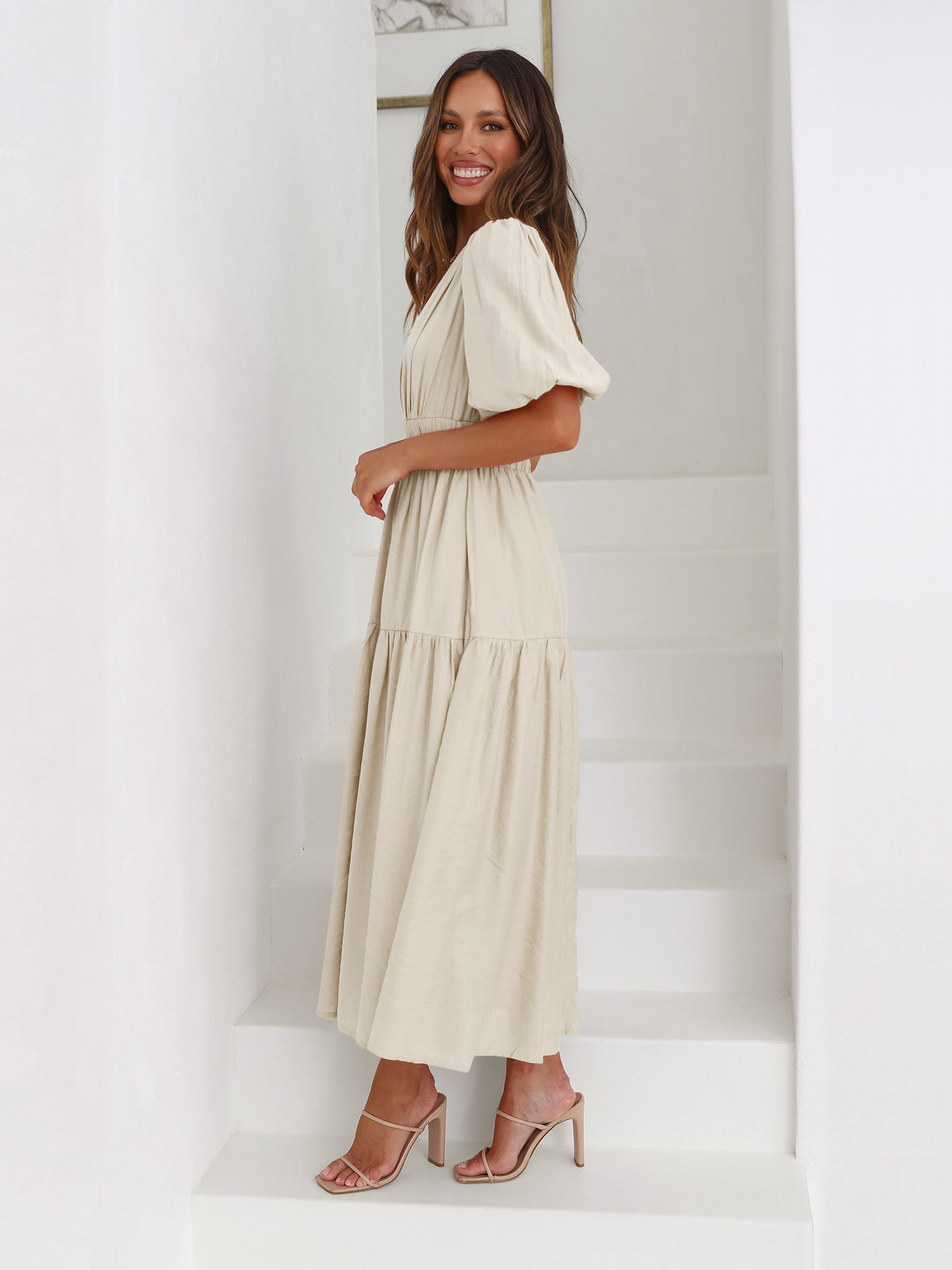 Noelle Women's V-Neck Midi Dress Puff Sleeve Smocked Waist