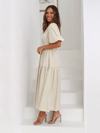Noelle Women's V-Neck Midi Dress Puff Sleeve Smocked Waist