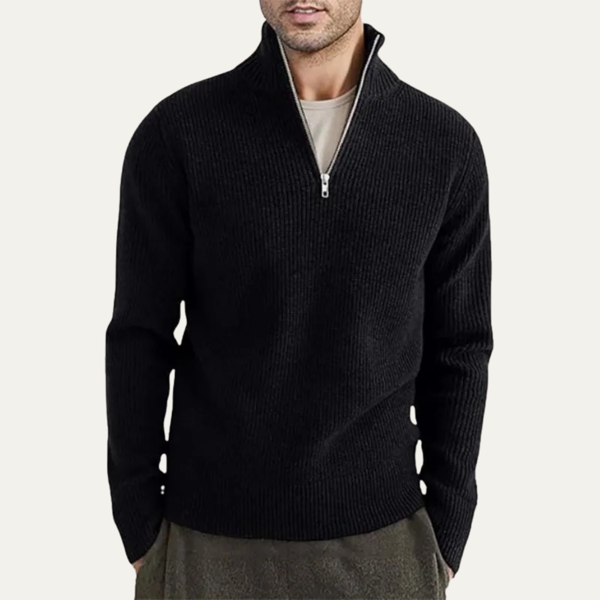 Men's Mock Neck Half Zip Sweater Ribbed Knit Warm