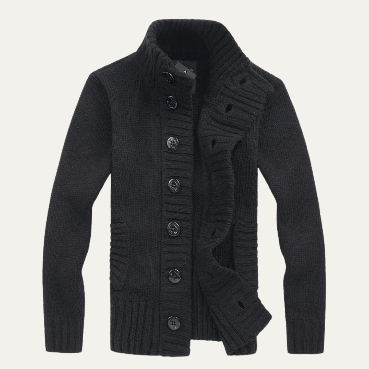 Men's Chunky Knit Cardigan High Neck Button Up Winter