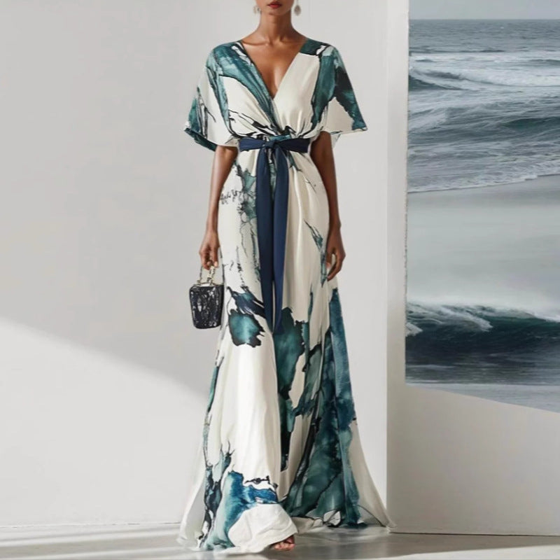 Women's Chiffon Maxi Dress Belted Waist Full Skirt - Vonnera
