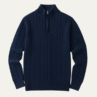 Men's Cable Knit Sweater Navy Blue Half Zip - Vonnera