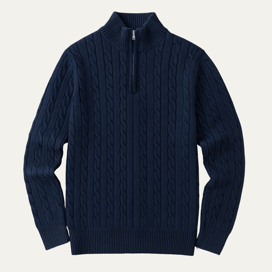 Men's Cable Knit Sweater Navy Blue Half Zip - Vonnera