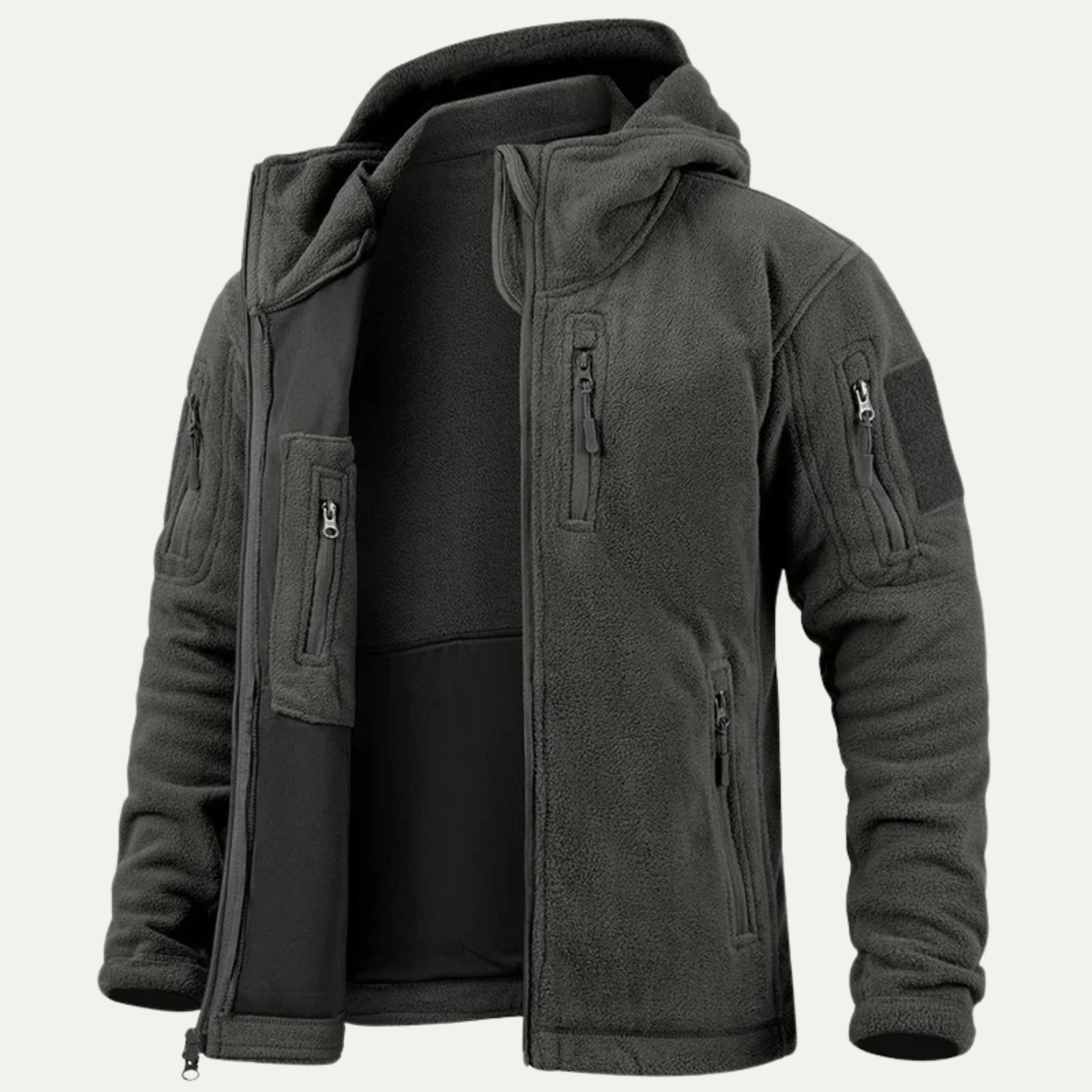 Men's Tactical Fleece Jacket With Hood And Multi Pockets