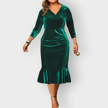Women's Velvet Midi Dress Ruffle Detail Navy