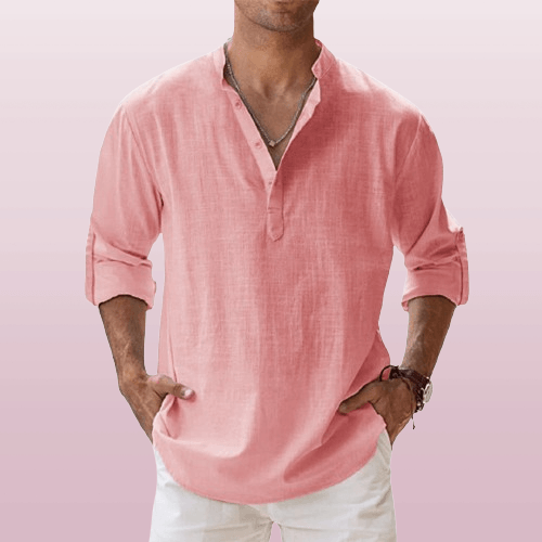 Men's Linen Blend Henley Shirt Long Sleeve Casual Regular Fit