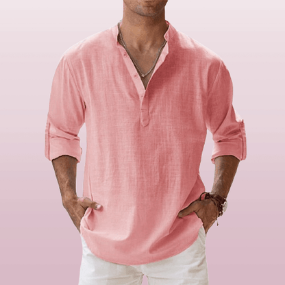 Men's Linen Blend Henley Shirt Long Sleeve Casual Regular Fit