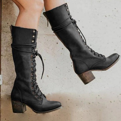 Women's Knee High Lace-Up Boots Chunky Heel Brown - Vonnera