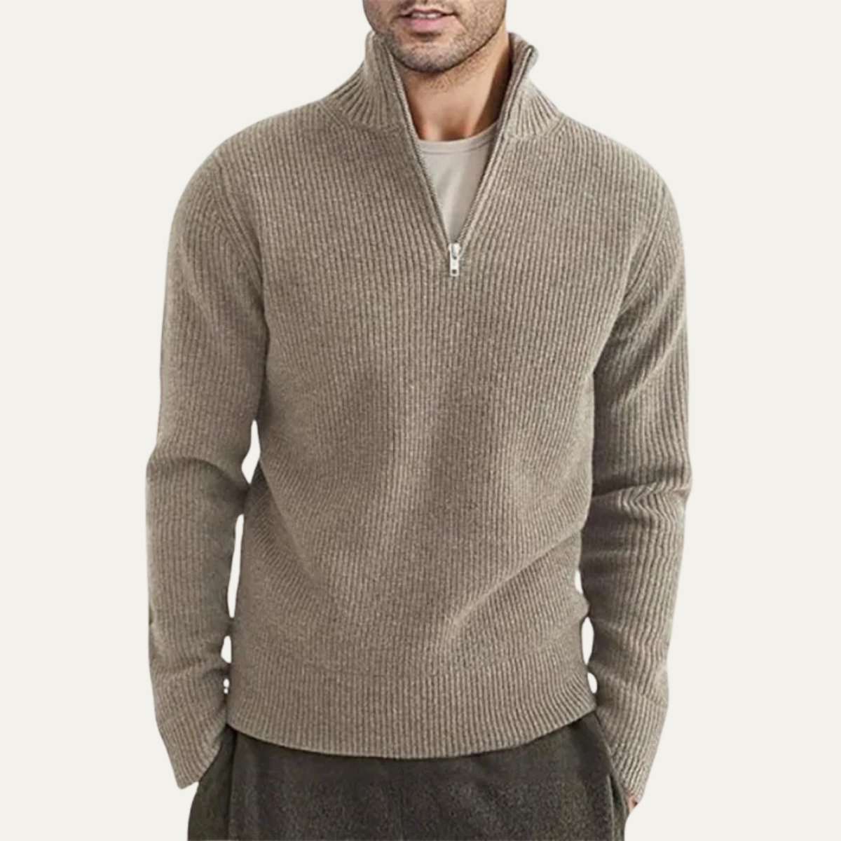 Men's Mock Neck Half Zip Sweater Ribbed Knit Warm