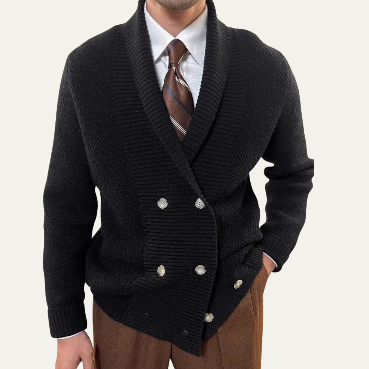 Men's Double Breasted Cardigan Chunky Knit Shawl Collar Wool