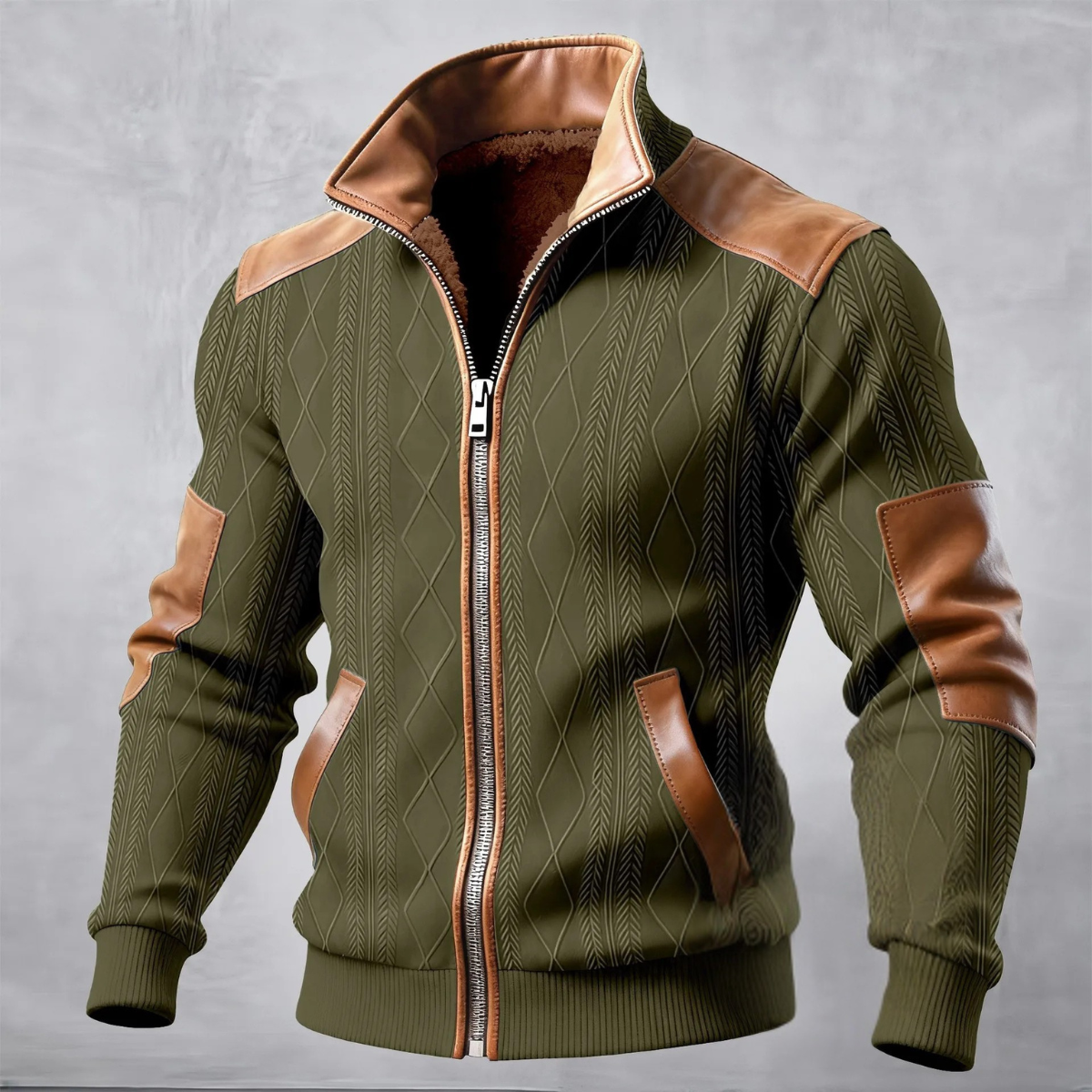 Men's Cable Knit Sweater Jacket Fleece Lined Warm Zip Up