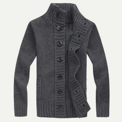 Men's Chunky Knit Cardigan High Neck Button Up Winter