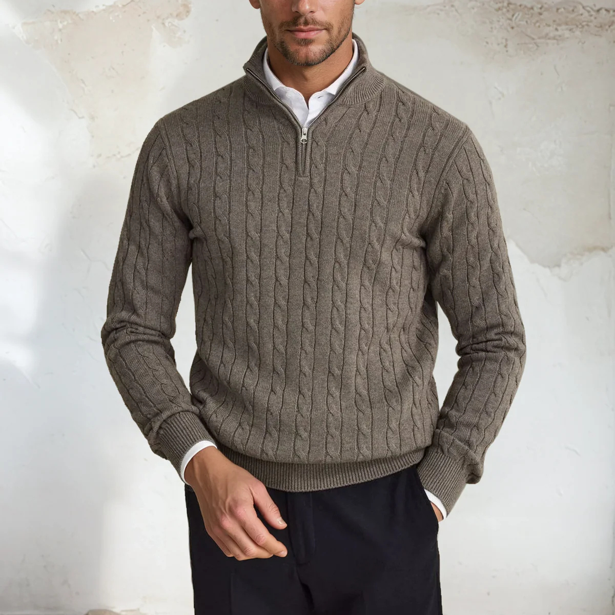Men's Cable Knit Sweater Taupe Half Zip