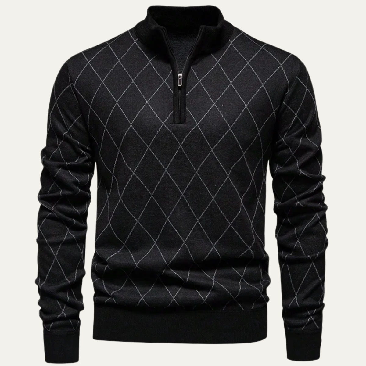 Men's Quarter Zip Knit Sweater Diamond Pattern