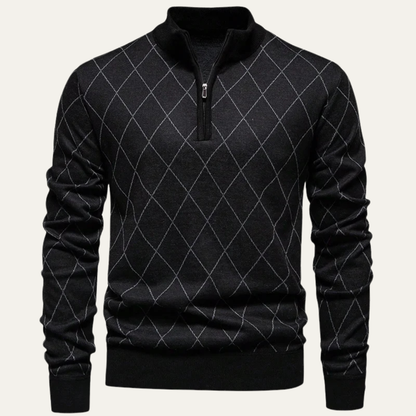 Men's Quarter Zip Knit Sweater Diamond Pattern