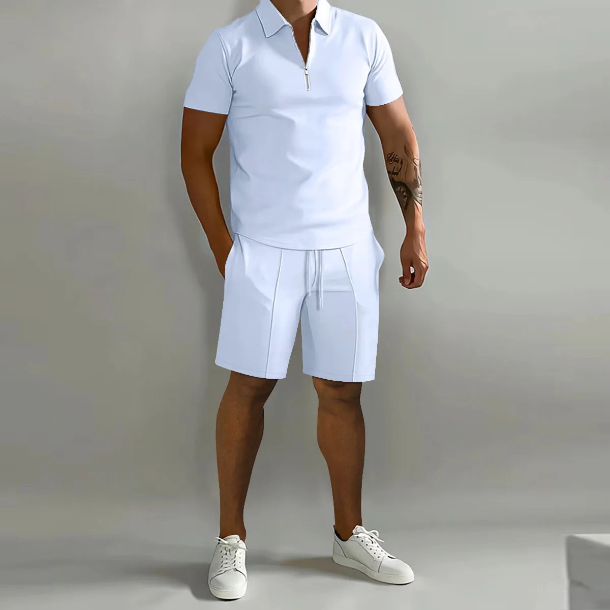 Men's Summer Polo Shirt Shorts Set White