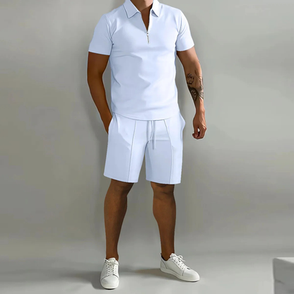 Men's Summer Polo Shirt Shorts Set White