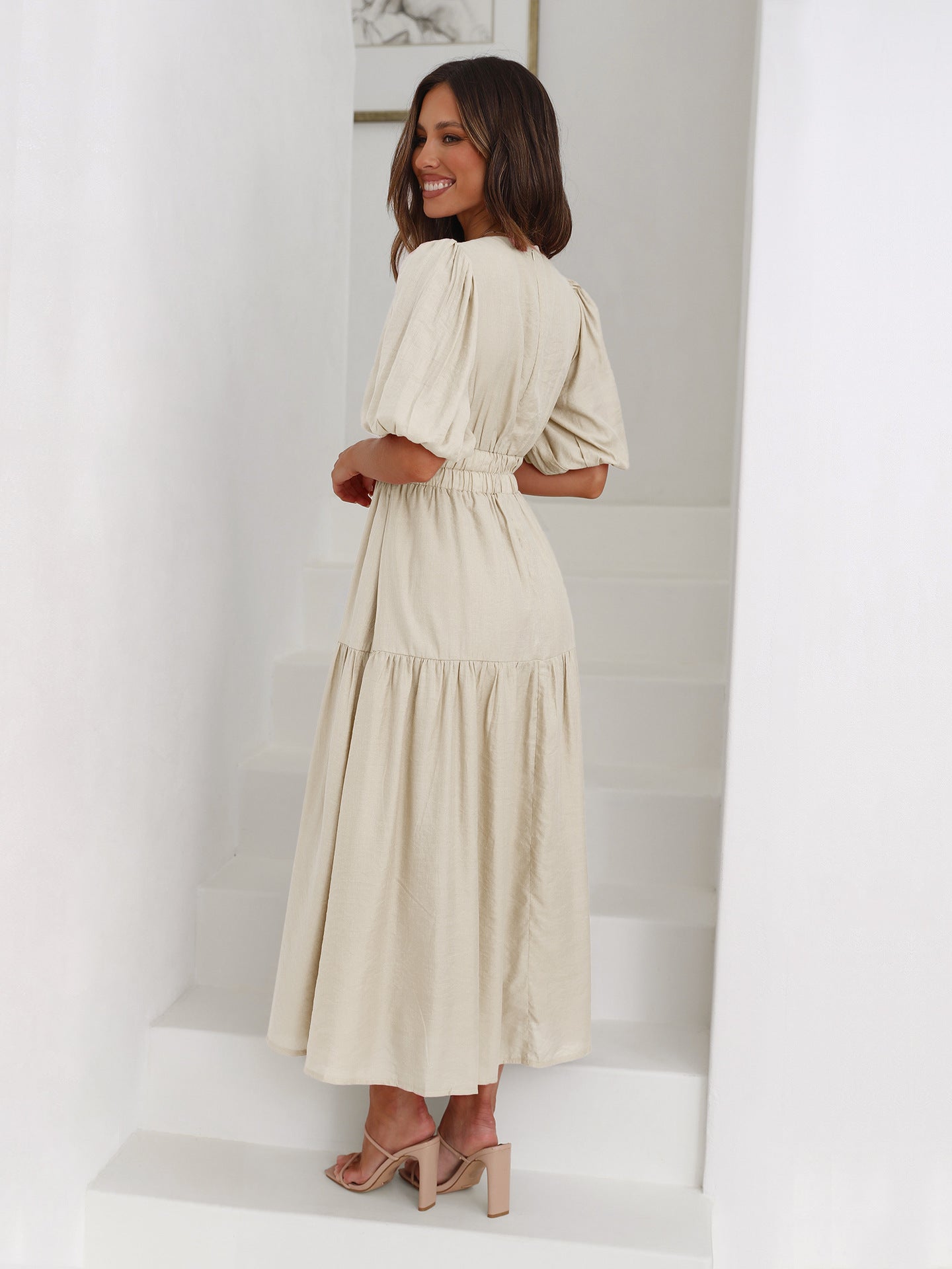 Noelle Women's V-Neck Midi Dress Puff Sleeve Smocked Waist