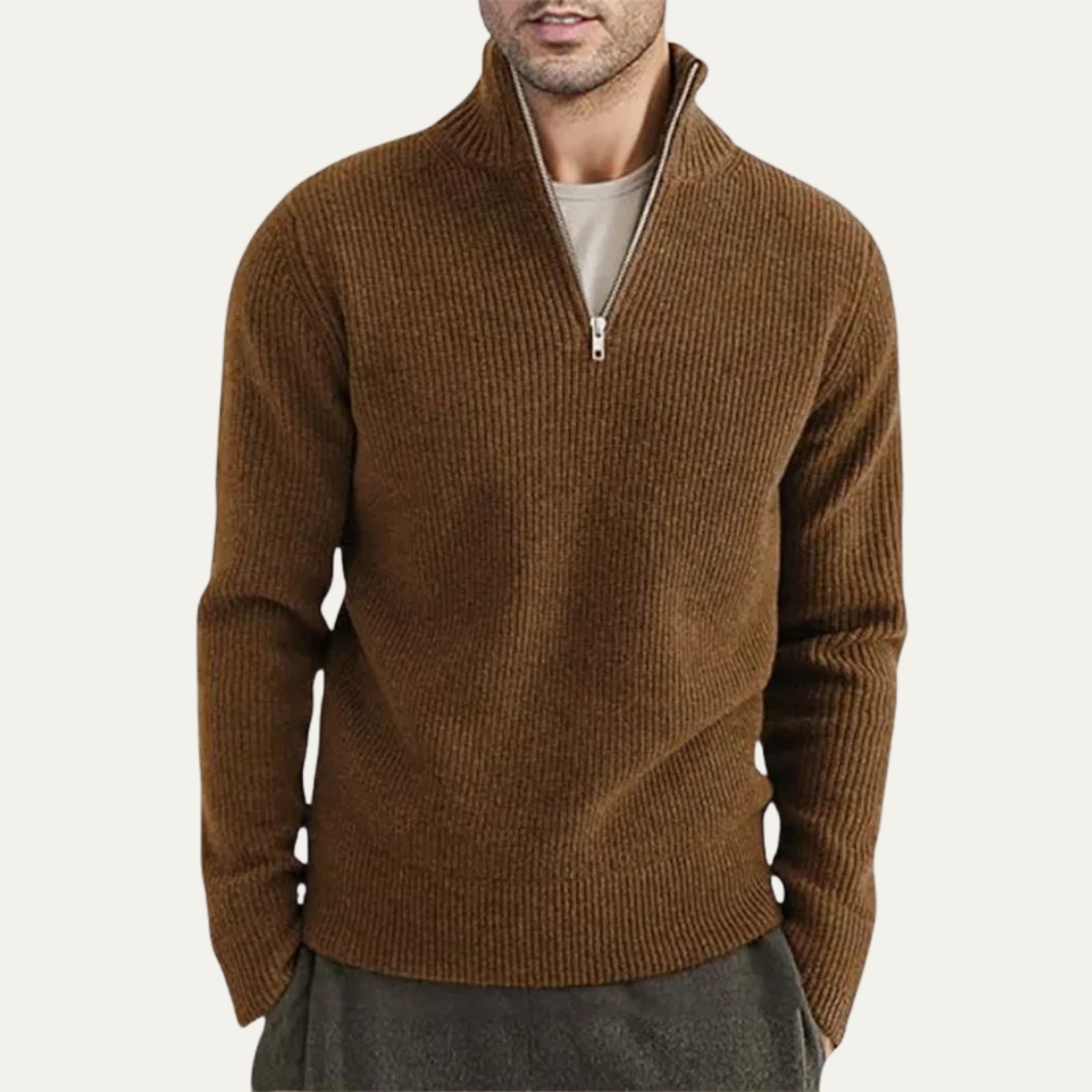 Men's Mock Neck Half Zip Sweater Ribbed Knit Warm
