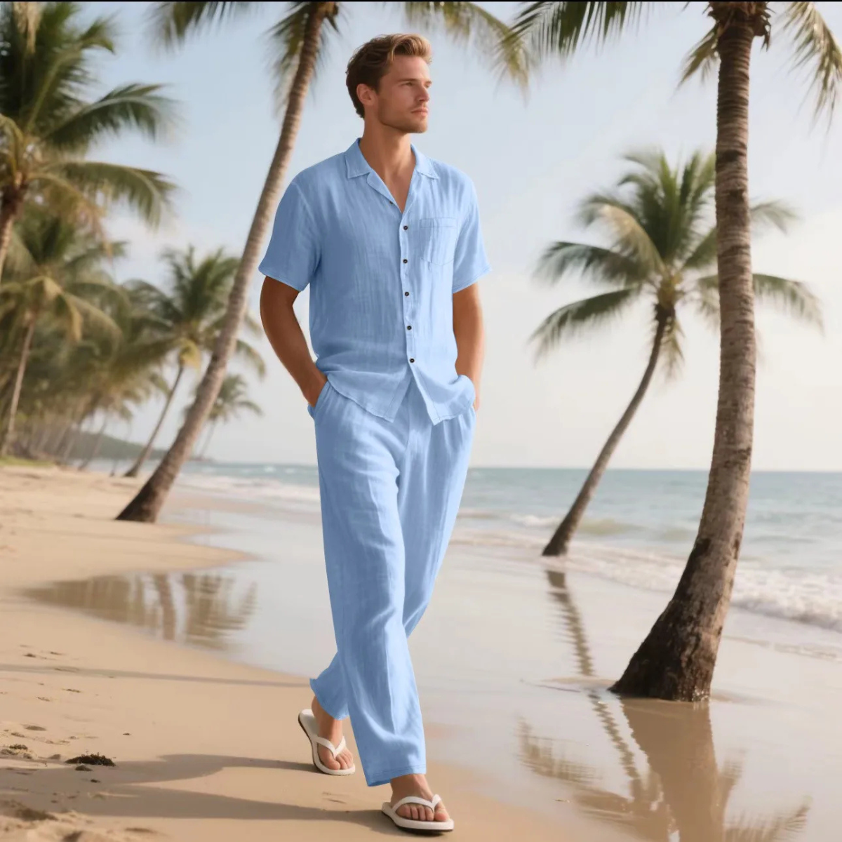 Men's Lightweight Casual Two Piece Suit Shirt Pants