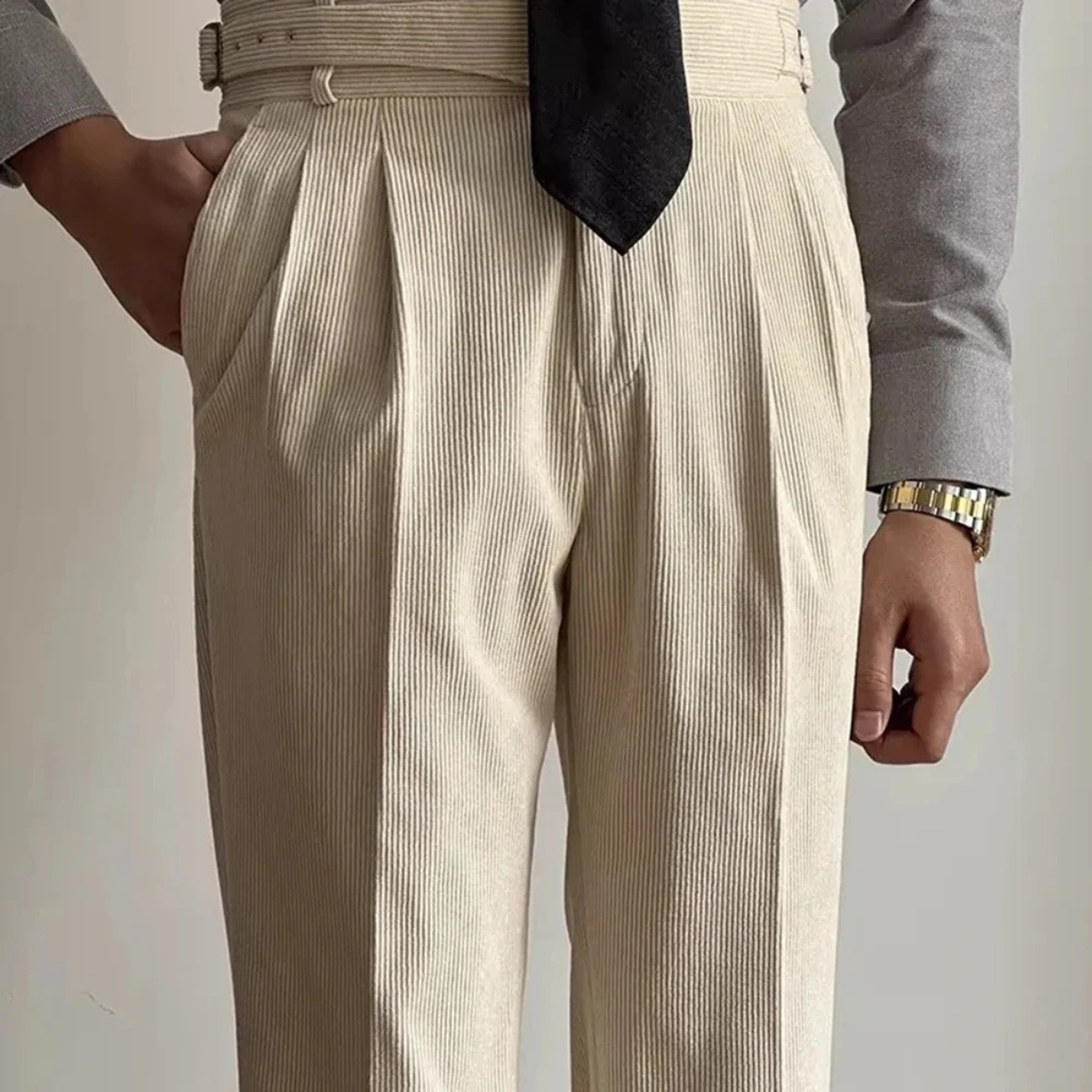 Men's High Waisted Corduroy Pants Adjustable Waist
