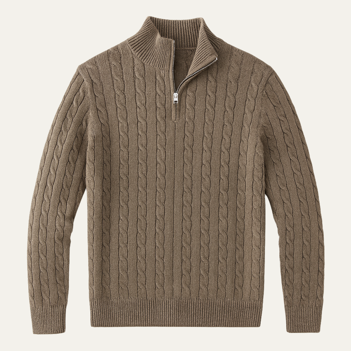Men's Cable Knit Sweater Taupe Half Zip - Vonnera