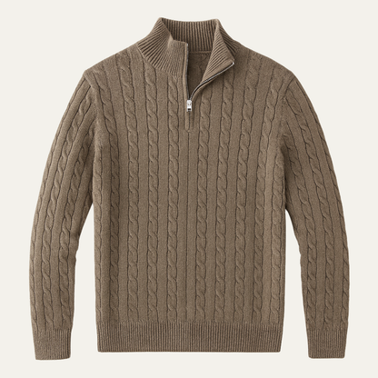 Men's Cable Knit Sweater Taupe Half Zip - Vonnera