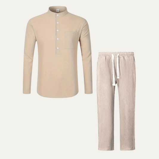 Men's Linen Polo Pants Set Lightweight Casual Beige - Vonnera