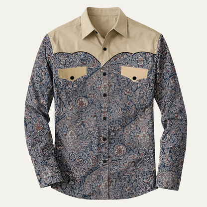 Men's Western Denim Shirt Two Tone Patchwork Soft Blue - Vonnera